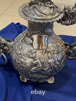 Antique Chinese Silver Tea Set C1870s Wang Hing Magnificent Dragons Not Scrap