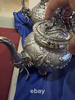 Antique Chinese Silver Tea Set C1870s Wang Hing Magnificent Dragons Not Scrap