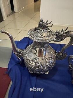 Antique Chinese Silver Tea Set C1870s Wang Hing Magnificent Dragons Not Scrap