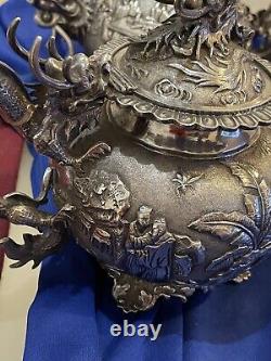 Antique Chinese Silver Tea Set C1870s Wang Hing Magnificent Dragons Not Scrap