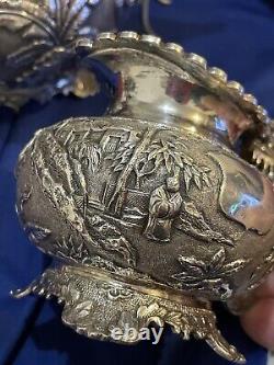 Antique Chinese Silver Tea Set C1870s Wang Hing Magnificent Dragons Not Scrap