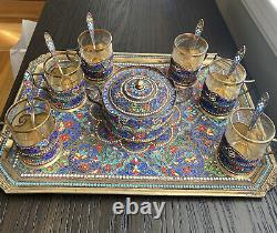 Antique Cloisonne Gold Plated 84 Silver Persian Enamel Tea Set