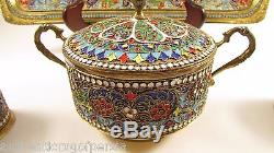Antique Cloisonne Persian Enamel Silver Tea Set Gilt Cup Bowl Tray Spoon & tongs