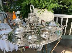 Antique English Silver-plate Coffee & Tea Set with 2-piece Water/tea Urn & Tray