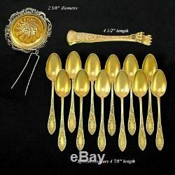 Antique French Sterling Silver Gold Vermeil Tea Service, Spoons Set, Sugar Tongs