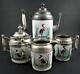 Antique Graniteware Enamel 4pc Coffee Tea Set Heron In Rushes Floral Handles