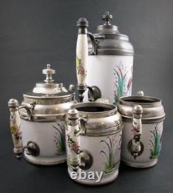 Antique GRANITEWARE enamel 4pc COFFEE tea SET HERON in Rushes Floral Handles