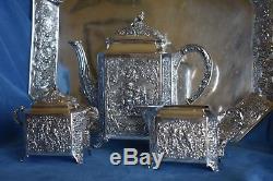 Antique German 800 Silver Cherub Putti H Royal Crown Coat of Arms TRAY & Tea Set