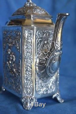 Antique German 800 Silver Cherub Putti H Royal Crown Coat of Arms TRAY & Tea Set