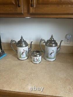 Antique Graniteware Enamel & Pewter Coffee Pot Tea, Heron Set