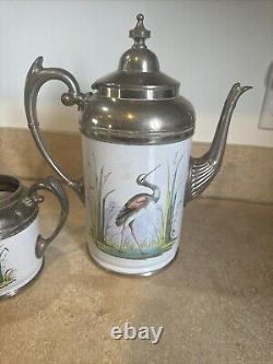 Antique Graniteware Enamel & Pewter Coffee Pot Tea, Heron Set