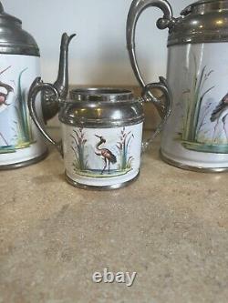 Antique Graniteware Enamel & Pewter Coffee Pot Tea, Heron Set