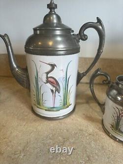 Antique Graniteware Enamel & Pewter Coffee Pot Tea, Heron Set