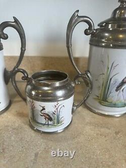 Antique Graniteware Enamel & Pewter Coffee Pot Tea, Heron Set