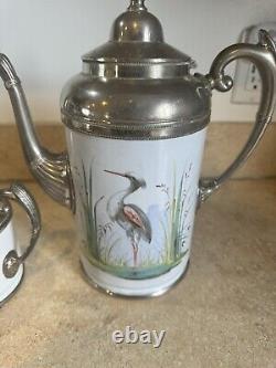 Antique Graniteware Enamel & Pewter Coffee Pot Tea, Heron Set