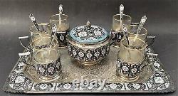 Antique Persian 84 Enameled Silver Tea Set with Tray