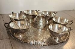 Antique Persian Isfahan 84 Silver Tea Set with Tray Spoons Signed