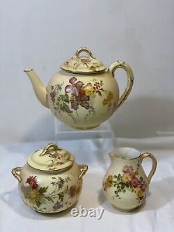Antique Royal Worcester Flowers Tea set teapot creamer sugar Bowl 19c