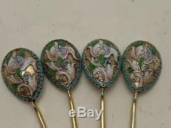 Antique Russian Enamel Cloisonne Gilded 84 Silver Set of 4 Tea Spoons