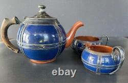 Antique Sarreguemines Terracotta Pottery Silver Encaced 3 Pcs Tea Set