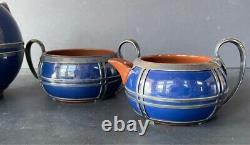 Antique Sarreguemines Terracotta Pottery Silver Encaced 3 Pcs Tea Set
