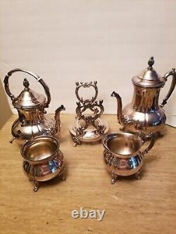 Antique Set of 5 Towel Silver plated Tea & Tilting Coffee Pots Creamer SugarBowl