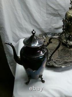 Antique Silver On Copper Tea Set 10 Pc withTilting Tea Pot & Lg Tray