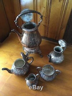 Antique Silver Plate H & L Chased Tea Set Samovar Coffee Tea Sugar Creamer