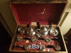 Antique Silver Plate In Original Wooden Box Doll's Toy Miniature Tea Set Teaset