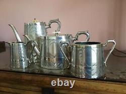 Antique Silver Plated Aesthetic Tea Set. Engraved as Wooden Barrels, Circa 1873