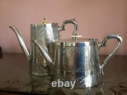 Antique Silver Plated Aesthetic Tea Set. Engraved as Wooden Barrels, Circa 1873