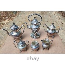 Antique Silver on Copper Tea Set 6-Piece Ornate Victorian Style Vintage Coffee