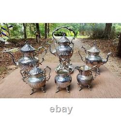 Antique Silver on Copper Tea Set 6-Piece Ornate Victorian Style Vintage Coffee