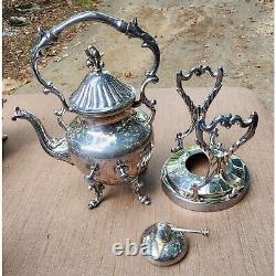 Antique Silver on Copper Tea Set 6-Piece Ornate Victorian Style Vintage Coffee