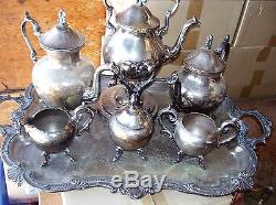 Antique Silver on copper Plated 7pc Tea Set Kettle on Stand large serving Tray