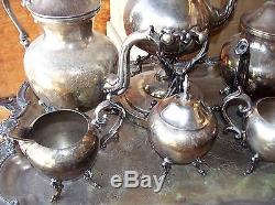 Antique Silver on copper Plated 7pc Tea Set Kettle on Stand large serving Tray