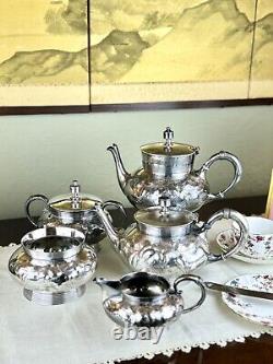 Antique Silverplate 5 Piece Tea Set Repousse Rose Pattern Shabby Chic