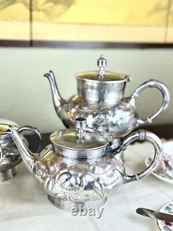 Antique Silverplate 5 Piece Tea Set Repousse Rose Pattern Shabby Chic