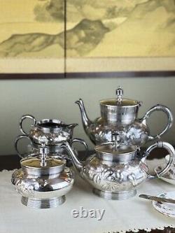 Antique Silverplate 5 Piece Tea Set Repousse Rose Pattern Shabby Chic