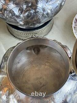 Antique Silverplate 5 Piece Tea Set Repousse Rose Pattern Shabby Chic