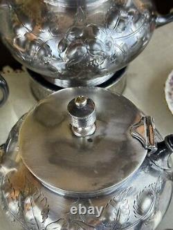 Antique Silverplate 5 Piece Tea Set Repousse Rose Pattern Shabby Chic