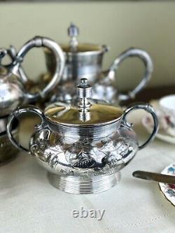 Antique Silverplate 5 Piece Tea Set Repousse Rose Pattern Shabby Chic