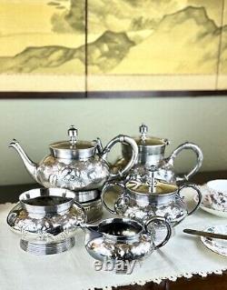 Antique Silverplate 5 Piece Tea Set Repousse Rose Pattern Shabby Chic