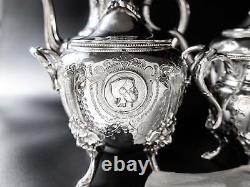 Antique Silverplate Tea Set Medallion Portrait Coffee Service 1800s