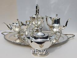 Antique Sterling Silver Gorham Plymouth Tea Coffee Set w Water Kettle Tray 6 pc