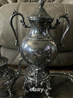 Antique Tea & Coffee Set Silver on Copper/ 7 Piece Set withWater Warmer & Tray