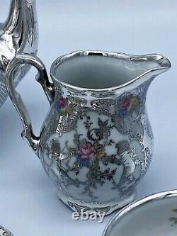 Antique Tea Set Porcelain Silver Overlay Rare CUPID & ANGEL Pre War Bavarian