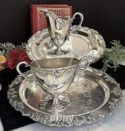 Antique Tea Set Silver Plated Reed and Barton Samovar Repoussed Trays 5 Pc Set