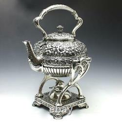 Antique Tiffany & Co. Repousse Sterling Silver Coffee & Tea Set with Water Kettle