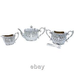 Antique Victorian silver plated gilt coffee tea set, sugar tongs oval flute form